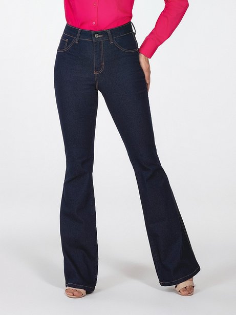 calca jeans escuro flare cintura media sandra frente perfil
