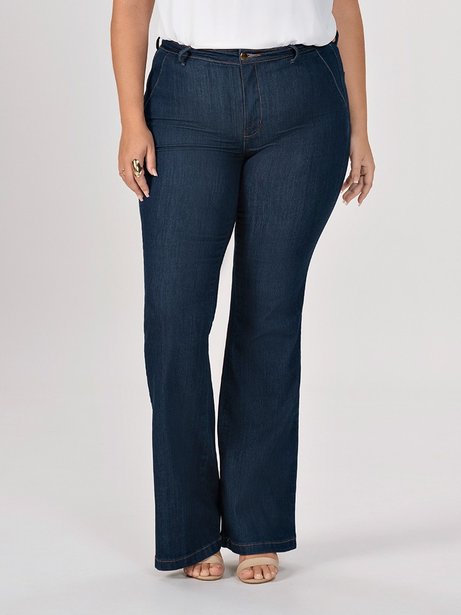 calca jeans plus size modelo flare cintura media eleine frente perfil