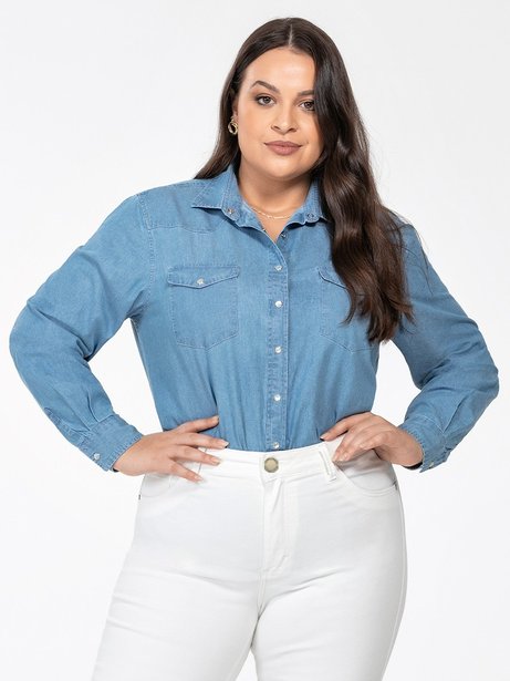 camisa jeans azul feminina plus size manga longa monica frente