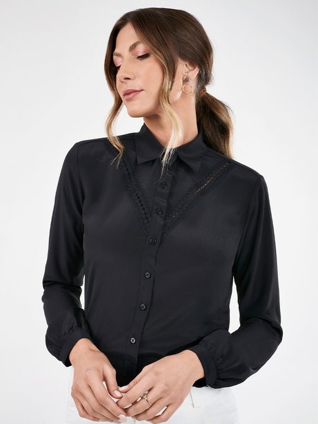 camisa manga longa feminina preta com renda pedrita detalhe