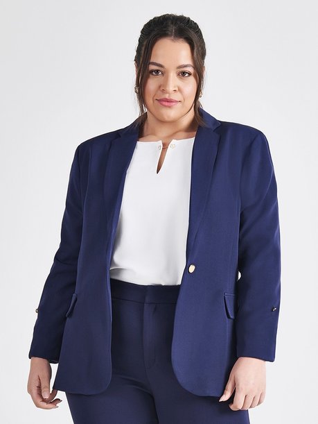 blazer feminino de alfaiataria plus size marinho com martingale tifani vitrine