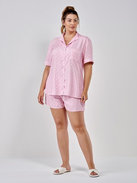 conjunto pijama rosa poa curto look frente plus capa