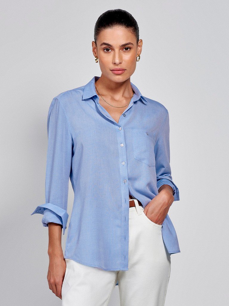 Camisa Feminina Azul com Bolso Sandrini
