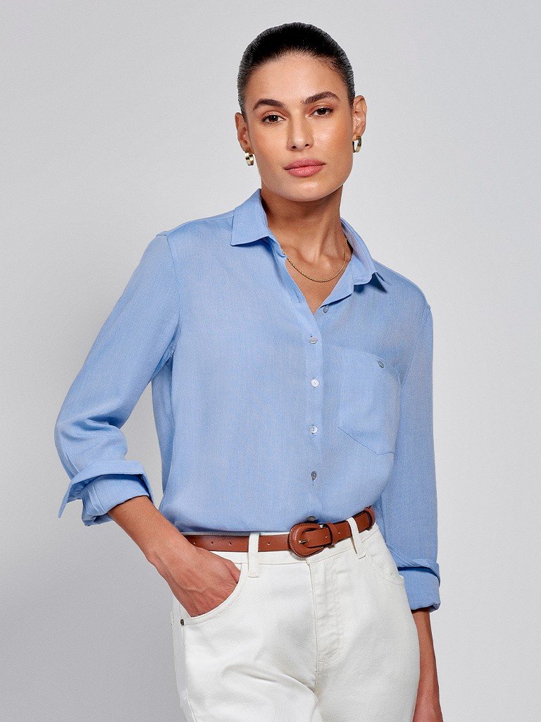 Camisa Feminina Azul com Bolso Sandrini