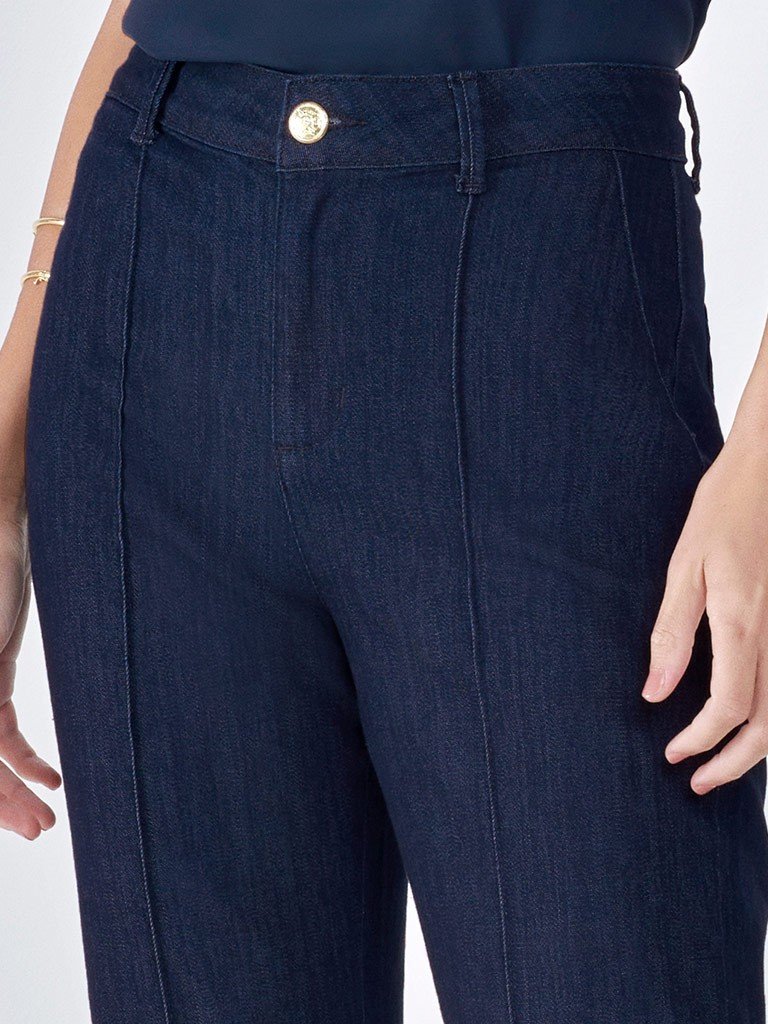 Calça Flare Feminina Com Nervura Jeans Com Licra Cintura Alta 14 - Azul  Claro+Marinho