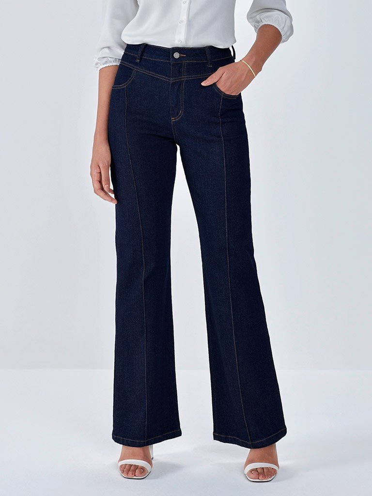 calca jeans wide leg pedrita capa