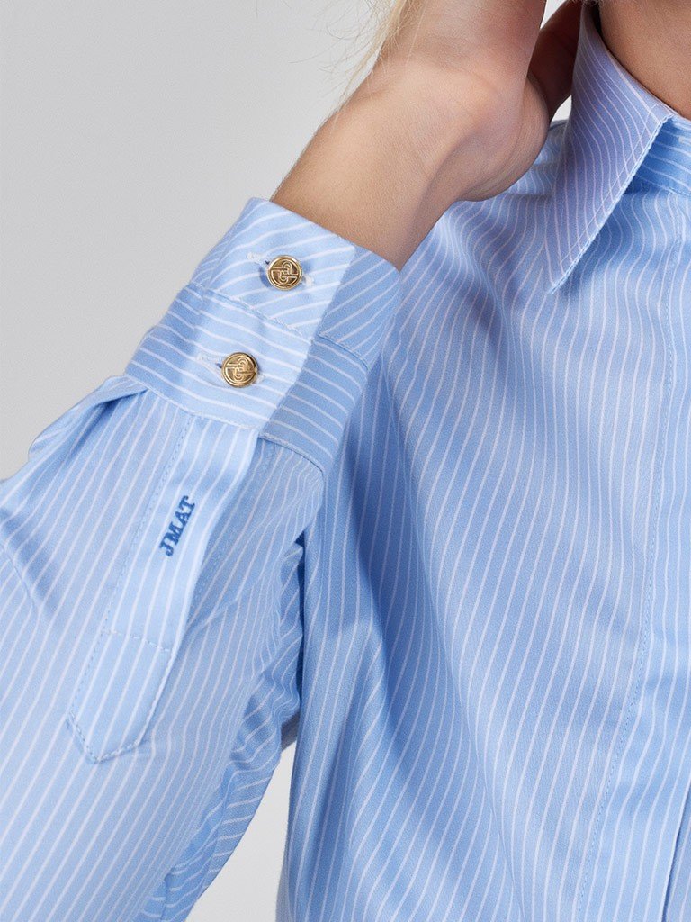 camisa feminina listrada azul branca joice look detalhes