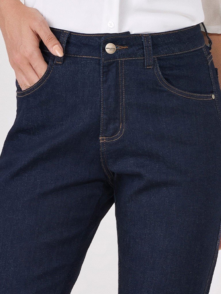 Calça Jeans Feminina Cós Alto Azul Escuro Poderosa - Lizare Moda