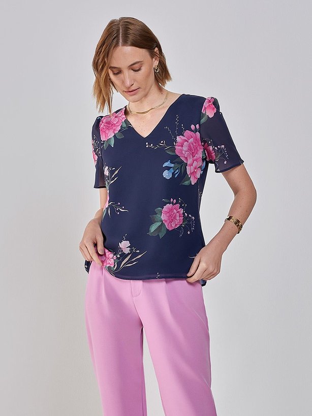 Mini Blusa Rosa Feminina Regata Moda Verão Casual em Chiffon