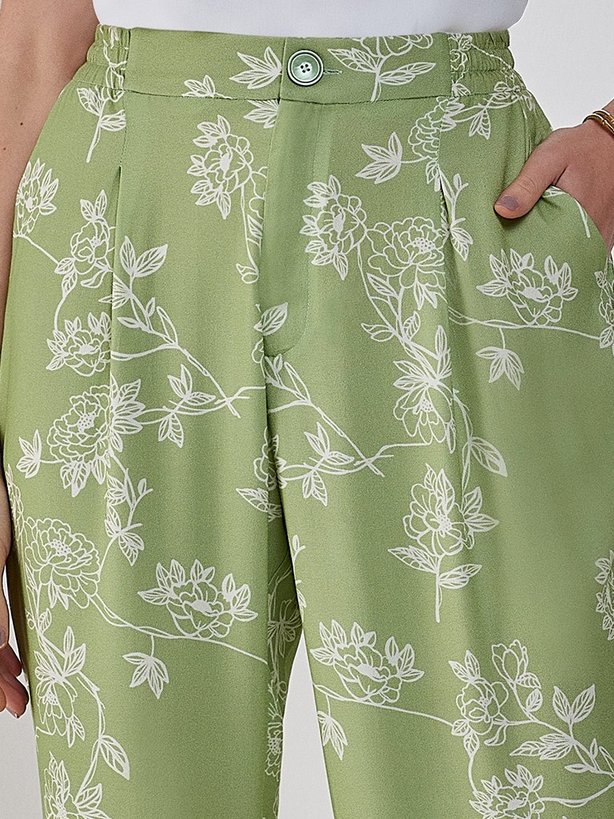 calca verde floral gardenia detalhes
