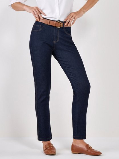 Calça Jeans - cintura alta  Calça jeans cintura alta, Looks com calça  jeans, Look calça jeans