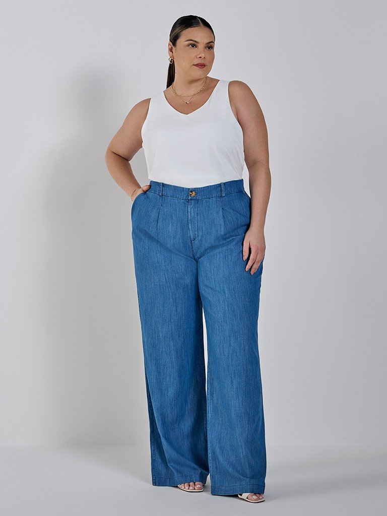 Regata Jeans Feminina Cropped Com Recorte Frontal Azul