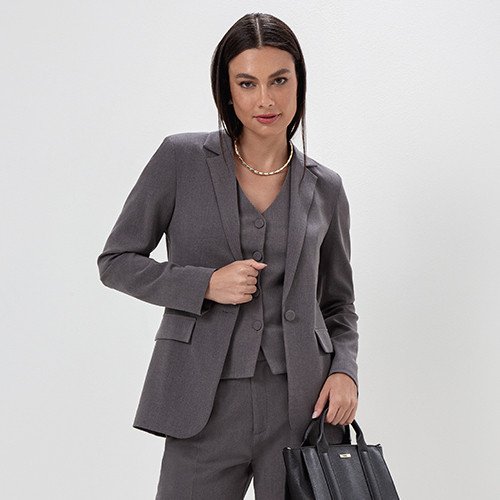 blazer feminino cinza de alfaiataria paulina frente mini
