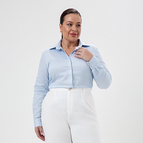 camisa feminina listrada azul branca joice costas pequeno plus